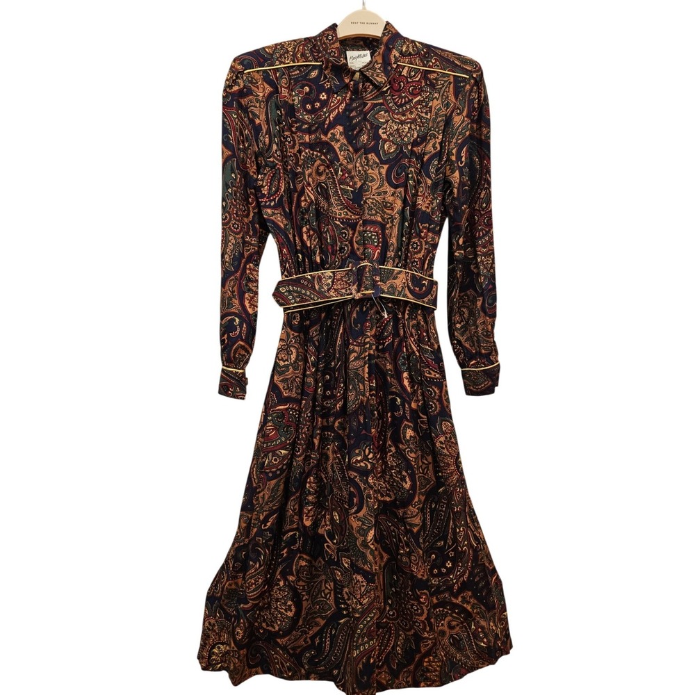NWT Knightsbridge Ltd Paisley Belted Midi Dress Size 8 Vintage Y2K Shirt Dress